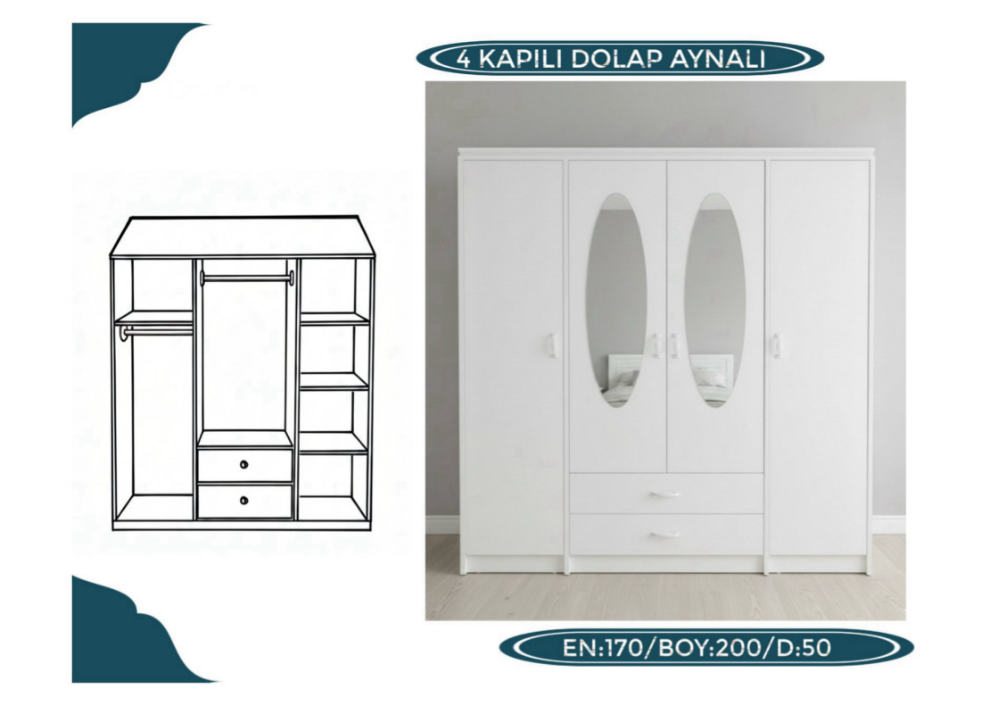 4 Kapaklı Dolap Aynalı