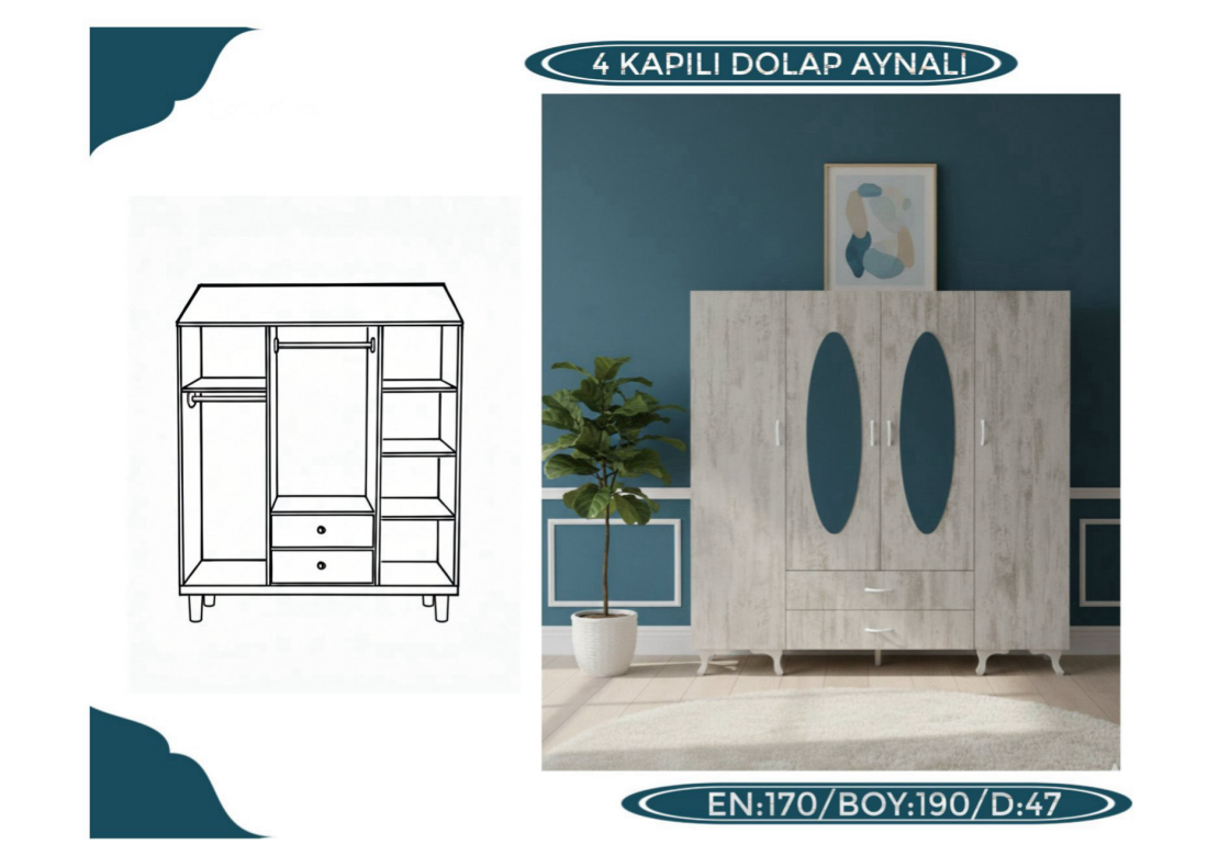 4 Kapaklı Dolap Aynalı